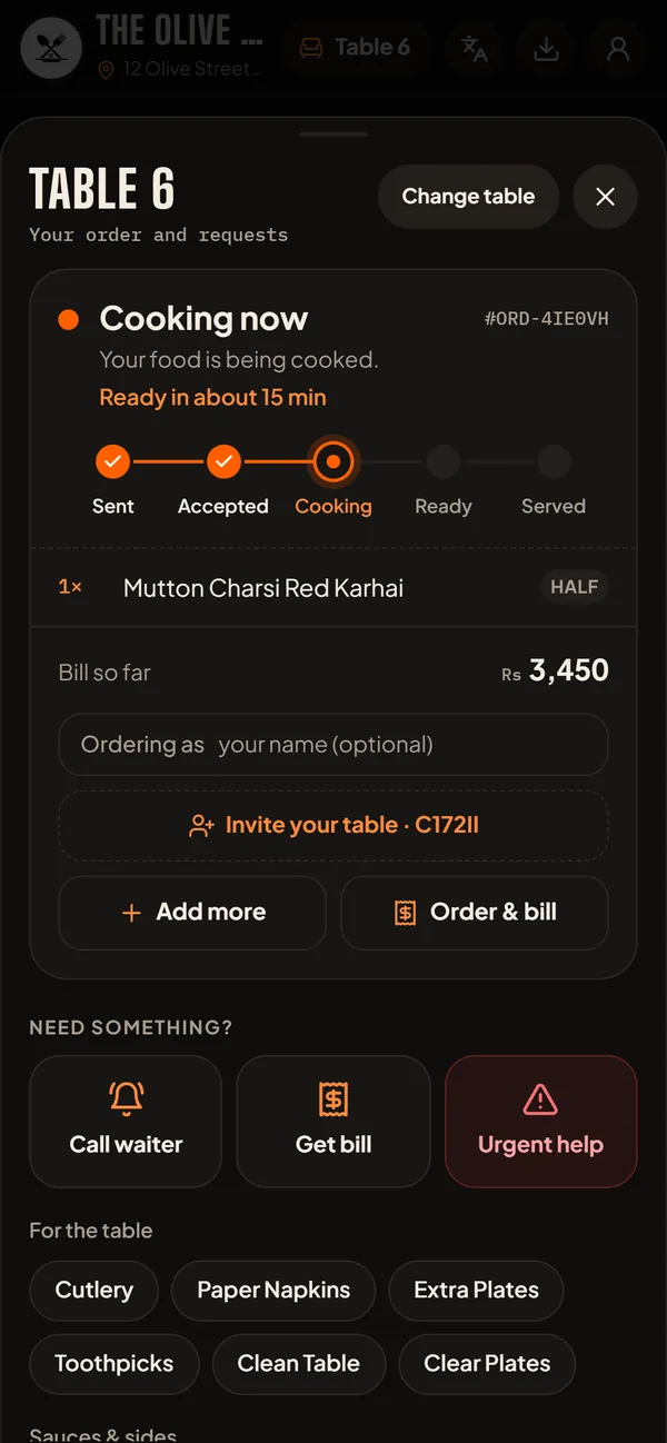 Live order status at Table 6: Cooking now, ready in about 15 minutes